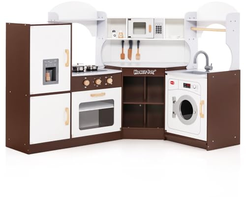 HONEY JOY Corner Kids Kitchen Playset, Ultimate Wooden Play Kitchen for Toddlers, Washing Machine, Ice Maker, Sink, Microwave, Little Chef Pretend Play Toy Kitchen Set, Gift for Boys Girls, Espresso