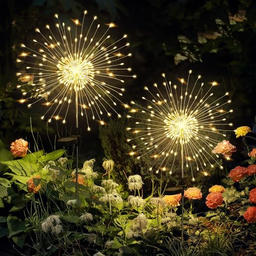 GIGALUMI Solar Lights Outdoor Garden, Firework Lights 120 LEDs 2 Packs, Starburst Light for Yard Landscape Lawn Backyard Patio Party Wedding Decor(Warm White)