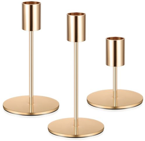 3 Pcs Gold Candle Holders, Candlestick Holders for Taper Candles, Vintage Metal Candle Stand Sticks Holder for Home Party Room Wedding Dinners Tabletop Decoration-Gold