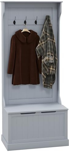 HOMCOM 3 in 1 Appendiabiti da Ingresso con Scarpiera, Attaccapanni da Terra Salvaspazio con 4 Ganci e Panca Contenitore, in MDF, per Corridoio, Camera da Letto, 71.5x39.5x170 cm, Grigio