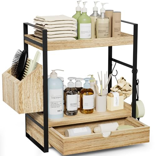 Aollewoiti 2-Tier Bathroom Counter Organizer with Drawer and Basket, Wood Countertop Organizer for Storage, Skincare Organizers for Vanity, Counter Shelf for Bathroom Organization