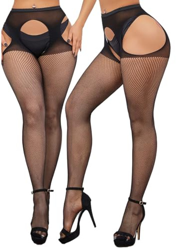NHQZ 2 Pezzi Collant aperti al cavallo,sexy reggicalze a vita alta, calze a rete nere donna,collant aperti sexy（taglia unica）