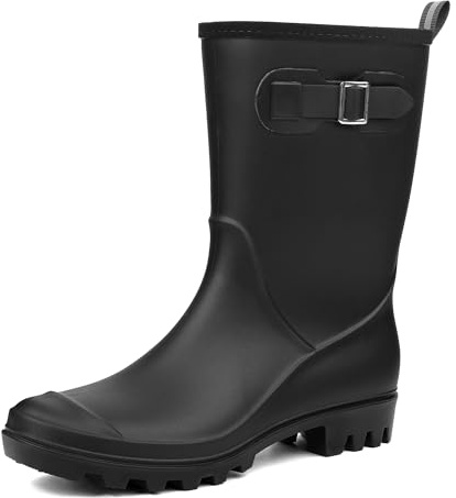 DKSUKO Women's Waterproof Mid-Calf Rain Boots Anti-slipping Garden Shoes Lightweigh Rubber Boots Comfortable Rain Shoes (10 B(M) US, Black)