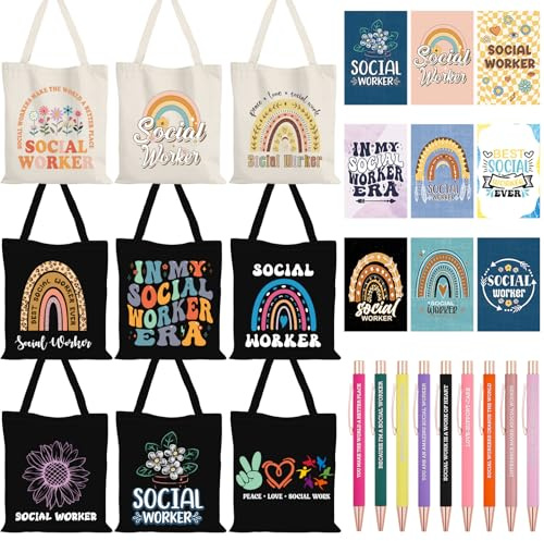 AmazingSpark 27 Pcs Social Worker Appreciation Gifts Bulk Includes Canvas Tote Bags A5 Inspirational Journal Notebooks Ballpoint Pens for Bsw MSW DSW Lcsw Volunteer School Student Office Supplies