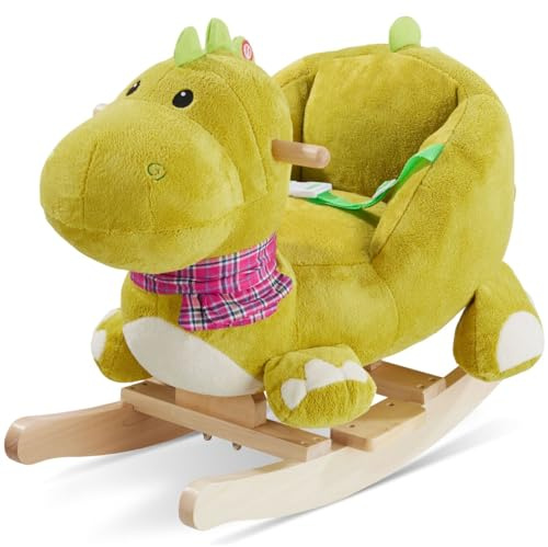 tectake® Schaukeltier mit Sicherheitsgurt und Soundeffekt, Schaukelpferd Baby ab 12 Monate, Baby Schaukel Indoor mit weichem Plüschbezug und Rückenlehne, breite Griffe - Dinosaurier