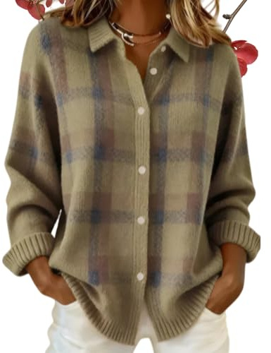 Suéter Cárdigan Casual de Algodón con Estampado a Cuadros y Botones para Mujer, Cárdigans a Cuadros con Cuello Recortado de Punto Top de Invierno 2026, 01., XXX-Large