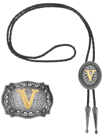 QUARKZMAN 2 Pcs Conjunto De Corbata Bolo Y Hebilla Gris Negro/Dorado | De Cinturón Vaquero Occidental Letra Inicial V Dorada Corbata De Cuerda De Cuero, Para Hombres Y Mujeres Vintage