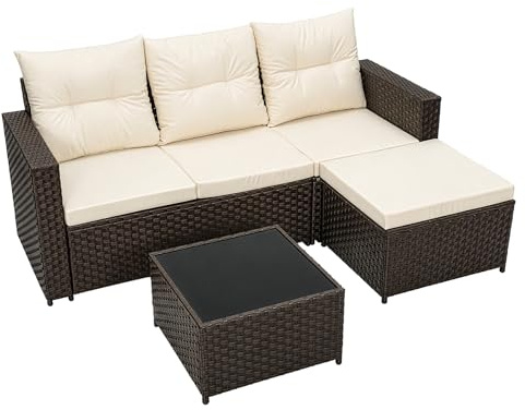 Minifactory 4-Piece Patio Furniture Set, Outdoor PE Rattan Sectional Sofa with Coffee Table & Cushions, L-Shaped Conversation Set for Garden, Backyard (Brown)