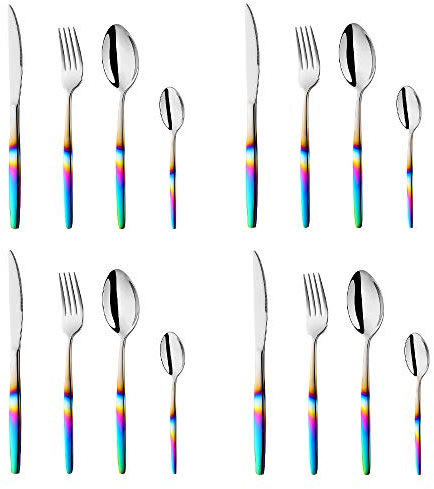 BISDARUN Stainless Steel Flatware Rainbow Coloured Handle Iridescent Cutlery Set 16 Piece Silverware Service for 4 Dinner Spoon Fork Knives Set for Party Outdooor Camping Travel Dishwasher Safe