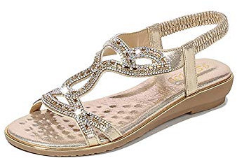 Sandales Femmes Plates-Chaussures Sandales en Cuir PU Nu Pieds Été à Talon Compensé Claquette Plage Semelle -Confortables Bride Cheville Soirée Élégance Strass,d'or,41