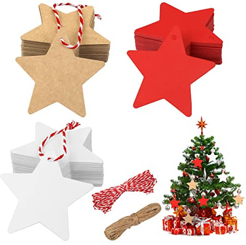 Stern Geschenkanhänger Kraftpapier, 150 Stück Weihnachten Anhänger Kraftpapier Etiketten, Anhänger Hochzeit mit 20m Schnur, Flaschenetiketten für Preisetiketten (Rot,Braun,Weiß)
