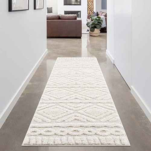 carpet city Teppich Wohnzimmer Hochflor Creme - Läufer 80x300 cm - Rauten Hochtief-Muster, 3D-Effekt - Bettvorleger Schlafzimmer Teppiche Boho, Skandi