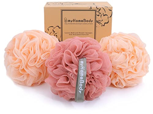 myHomeBody Stor 70 g luffasvamp, kroppsskrubbar, badsvamp, luffa för kvinnor, män, exfolierande duschpuff med aktivt kol – 2 persikor + 1 korallröd, 3-pack