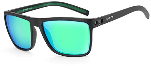ZENOTTIC Gafas de sol polarizadas hombres luz TR90 marco UV400 protección cuadrado gafas de sol, C11 Marco negro/lente espejo verde, L