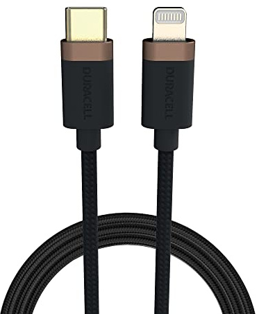 Duracell Long 2m Black USB-C to Lightning Toughened Braided Cable - MFI Certified Charger Cable