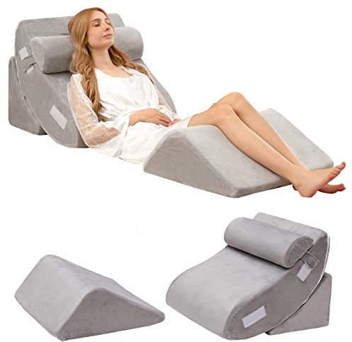GYMAX Set di Cuscino a Cuneo per Letto/Divano, in Memory Foam, Cuscino Ergonomico, Supporto per Collo/Lombare/Schienale/Gambe, Forma Regolabile, Design Ortopedico, Grigio (4 Pz)