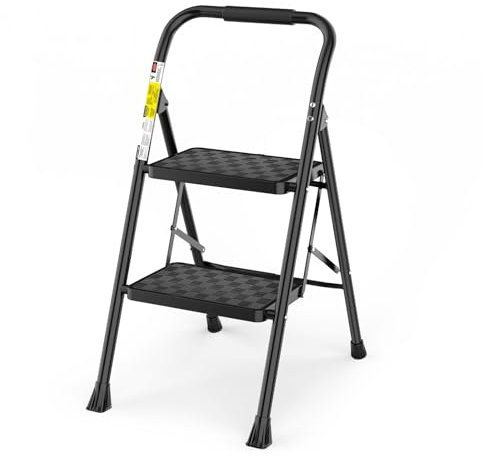 HBTower Escalera 2 Peldaños Plegable, Peldaños Antideslizantes con Diseño de Mosaico, Escalera con Asa Acolchada, Ligera y Compacta, Capacidad 150KG