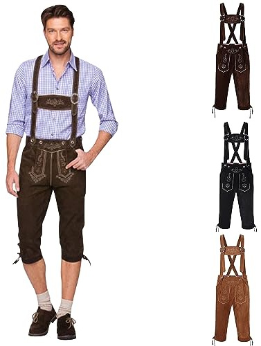 Beokeuioe - Pantaloni in pelle da uomo con ginocchiera stile tradizionale, con bretelle, per Oktoberfest. Eleganti pantaloni in pelle bavaresi con tasche. Abbigliamento performante, B1 nero., S