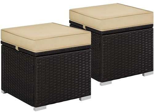 Yaheetech 2 STK. Rattan Hocker mit Abnehmbarem Kissen & Stauraum, Wetterfest Sitzhocker Gartenhocker Fußhocker Flache Rattanoptik für Outdoor Garten Terrasse, Braun & Khaki