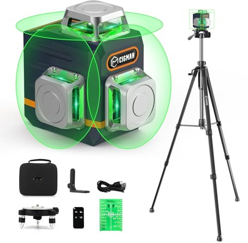 Nivel láser verde 3x360° CIGMAN CM701T con trípode ajustable (28-48), batería recargable 4000mAh, alcance 30m/50m, 3 modos de trabajo, 4 niveles de brillo