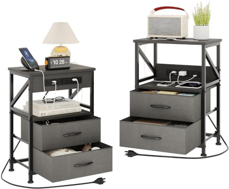 Flrrtenv 2 PCS Bedside Table with Power Strip, Bedside Cabinet with 2 Drawers, Bed Side Table for Bedroom, Night Stand, 2 AC Outlets, & 2 USB Ports, Side Table with Metal Frame, Grey Oak