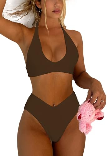 Syshrendy Women Two Piece Retro Halter Bikini Sets Sexy Solid V Neck High Leg Triangle Cup Bikini Swimsuit(Brown,S)
