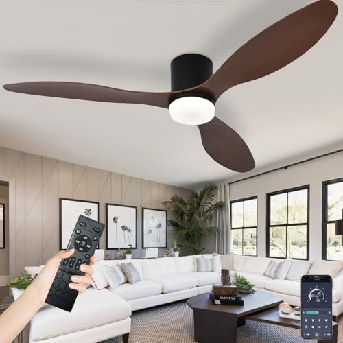 AQLEDY Ventilateur Plafond Silencieux Avec Lumiere, Lustre Ventilateur Design Avec Telecommande, Ventilo Plafond Avec Lampe Intégrée DC Réversible 6 Vitesses Pour Salon Chambre-Black-WoodGrain||42in