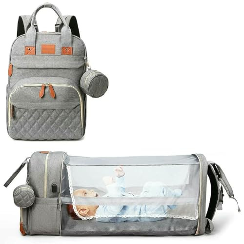 JJDFW Sac à langer 3 en 1 pliable pour lit de bébé étanche avec chargement USB, Gris type 1 avec filet