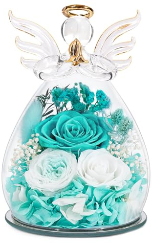 FIACO Gifts for Women Birthday Preserved Rose Forever Flower in Glass Angel Figurines Fresh Flowers for Delivery Prime for Mom Real Roses for Grandma Sister Wife Her from Daughter