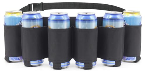 Ölbälteshållare, 6 Burkar Dryckeshållare Justerbar Koozie Midjeväska för Fester Picknick Camping Vandring Grillning(Black)