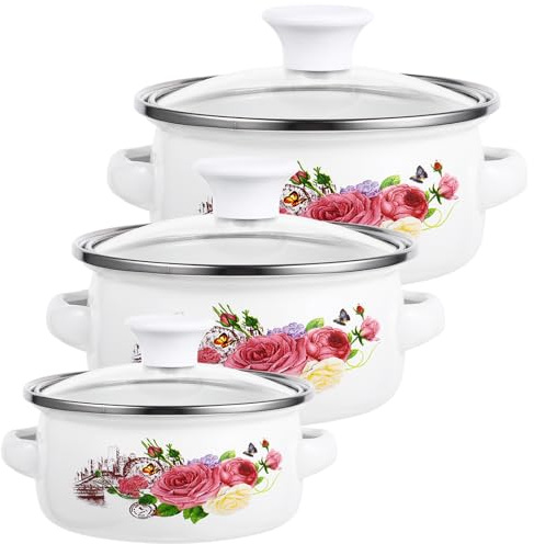MUELODSIC 3 Pezzi Pentole Smaltate da Cucina Impilabili con Doppio Manico Antiscottatura Pentola per Brodo e Zuppe Adatta per Latte Noodles e Salse Design Vintage con Motivo Casual