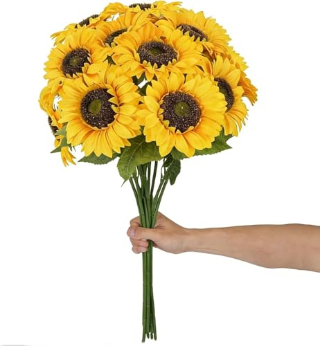 Fairblo 12 Pezzi Fiori Finti Girasoli Bouquet Fiori Finti Realistici 66 cm Fiori Artificiali Decorativi Gialla Girasoli Artificiali a Stelo Lungo per Decorazione Vasi Alti Matrimonio Compleanno