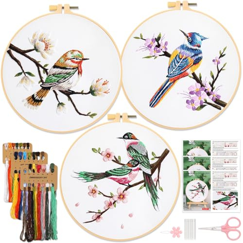 JSRQT Kit Broderie Debutant, 3 Pieces Embroidery Kits Colibri Plantes Fleurs, Point de Croix Complet, Punch Needle Kit Adulte, DIY Démarrage Cross Stitch Starter, Activité Manuelle Adulte Outil