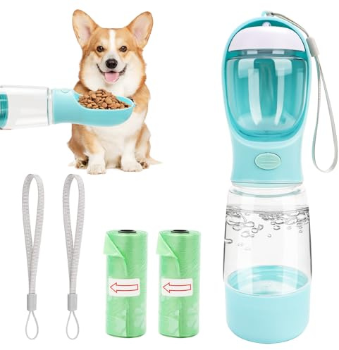 Gourde pour chien - 400 ml - Avec récipient de nourriture de 150 g et 2 distributeurs de sacs à déjections canines - Anti-fuite - Avec distributeur de nourriture pliable - Pour chiots et chats
