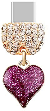 ELISE & FONDA TP100 Type-C USB Charging Port Gorgeous Crystal Anti Dust Plug Heart Love Pendant Cell Phone Charm for Samsung Galaxy/Huawei/OnePlus/Xiaomi/oppo New Android Phones (Hot Pink)