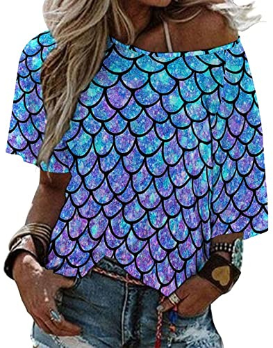 Ykklima Ombre Mermaid Teal Purple Fish Scale Pattern Womens Tops Sexy Off Shoulder Shirts Casual Short Sleeve T-Shirt L