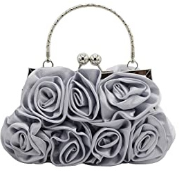CORIOS Damen Elegante Abendtasche Blumen Clutch Tasche Handtasche mit Kette Kiss Lock Mini Rose Schultertasche Satin Umhängetasche für Hochzeit Bankett-Party Abschlussball Silber