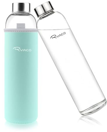 Ryaco Bottiglia d'Acqua 750 ml/25oz, Borraccia Vetro Portatile con Guaina per Bevande Calde e Fredde, Senza BPA, Borraccia in Vetro con Pennello in Spugna, Lavabile in Lavastoviglie