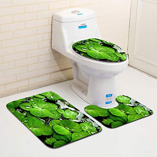 Bad Teppiche Set 3-Teiliges Blätter Smaragdgrün WC Vorleger Mit Ausschnitt Badematte Saugfähig WC Deckelbezug Badvorleger rutschfest Waschbar Toilettensitzbezug Badgarnitur (50x80cm)