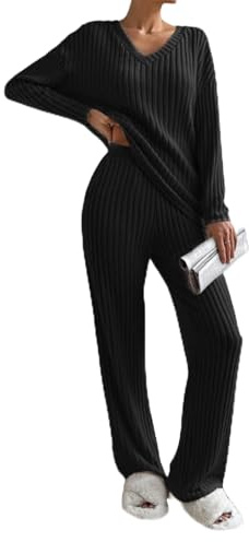 Joligiao Lounge Wear Sets for Women UK Ladies Ribbed 2 Piece Outfit Leisure Co Ord Sets Tracksuit Full Set V Neck Long Sleeve Pyjamas Top and Wide Leg Trousers Suits with Pockets(Black,XL)