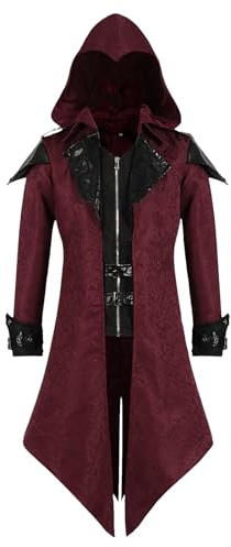 Steampunk Veste à capuche pour homme gothique frack manteau pour homme médiéval palais victorien vintage costume d'Halloween, carnaval, fête, cosplay, vêtements (rouge, L)