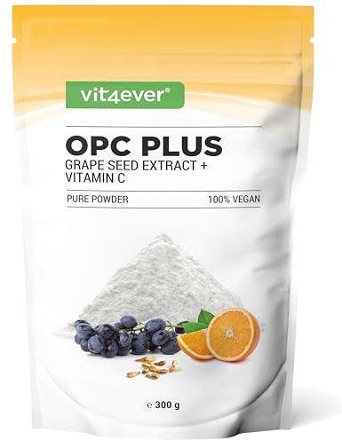 vit4ever OPC Traubenkernextrakt + Vitamin C - 300g Pulver - Aus europäischen Weintrauben - 70% OPC Gehalt nach HPLC Methode (95% nach Bate-Smith) - Mit natürlichem Vitamin C - Vegan
