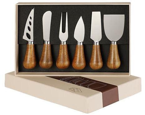 Cheese Knives Gift Set of 6,Stainless Steel Cheese Slicer Cheese Cutter Collection with Gifted Box. (Acacia Wood Round Handle)