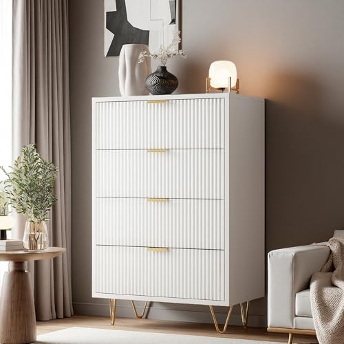 Yeutre Commode 4 tiroirs, Commode Chambre Blanche, Meuble de Rangement Moderne avec poignées et Pieds dorés pour Salon, Chambre, Bureau (Blanc A-4 Tiroirs, 60l x 34P x 91H cm)