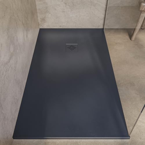 SOULBATH Plato de Ducha - Resina - Gel Coat - Textura Liso/Piedra - Antideslizante - Color Antracita - 90X70- Extraplano 3cm. Incluye Válvula de desagüe - REJILLA MISMO COLOR