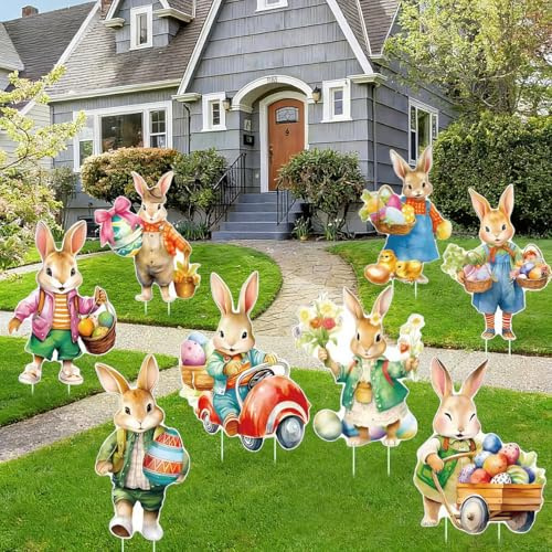 Decorazioni Pasqua Giardino Esterno con Coniglietti Pasquali – Set 8 Cartelli Prato per Caccia alle Uova, Addobbi Pasquali Colorati per Vialetto, Patio e Balcone
