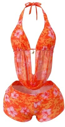 Verdusa Women's 2 Piece Floral Halter Bikini Set Draped Cheeky Bikini Tops with Booty Boy Shorts Vacation Outfits Orange Large