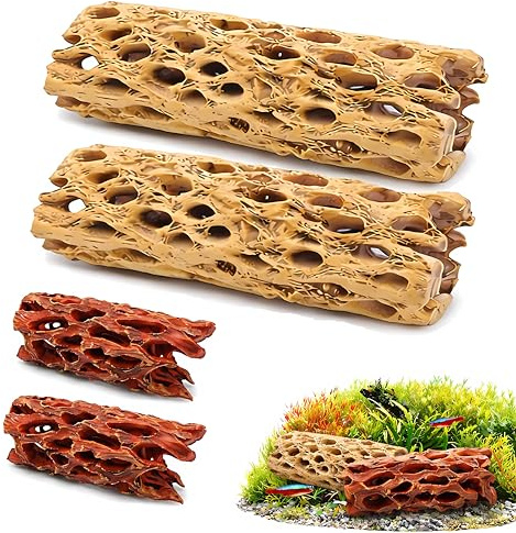 Rusokufo 4 Pièces Cachette en Résine Cholla pour Aquarium, Accessoires pour Habitat De Poissons Et Crevettes, Jouet À Grimper Et À Ronger pour Pagures, Poissons, Escargots Et Reptiles