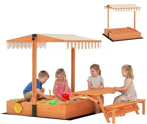 AIYAPLAY Kids Sand Pit with Lid, Wooden Sandpit with Canopy, Foldable Picnic Table, Bench Seats, Bottom Liner, Outdoor Sandbox with Cover for 6 Children, Patio Garden Gift for Ages 3-8, Brown