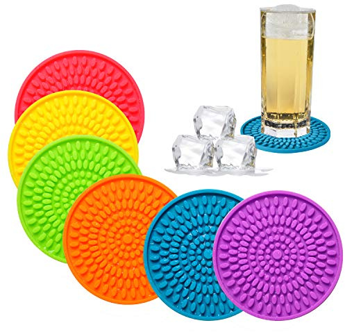 Colorful Coasters for Drinks Absorbent, Rubber Drink Coaster Set, Silicone Rainbow Coasters for Kids Coffee Table Desk, 4.3 Inch Oval Shape Deep Tray Pot Holder Trivet (Set of 6)